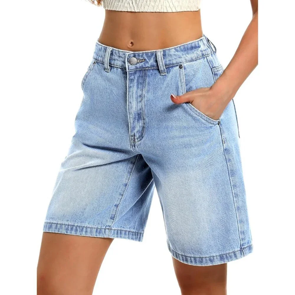 Women’s High-Waisted Baggy Bermuda Shorts Denim Knee-Length with Pockets